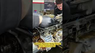 Mechanic Removes Sludgy Oil Pan From Trashed Engine
