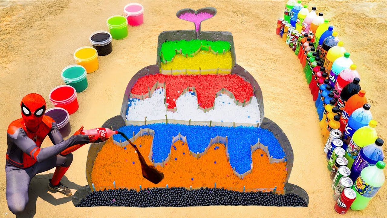 Spiderman & How to make Rainbow Birthday Cake with Orbeez, Coca Cola, Pepsi, Fanta vs Mentos & Sodas