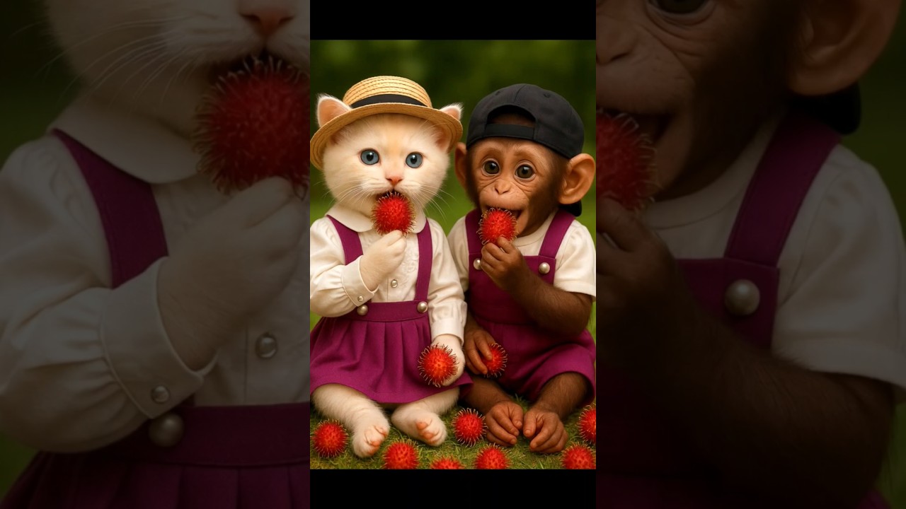 🌴🐒🐱 Cutest Baby Monkey & Kitten Try Rambutan 😋 | 🍓 Tropical 3D Funny Short ✨😂