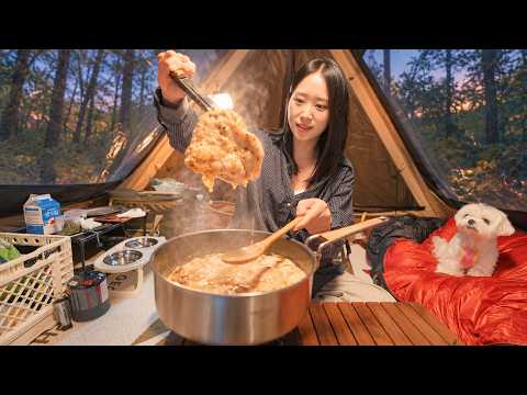 숲 속 오두막 짓고 강아지와 단 둘이 즐기는 슬로우 라이프 | 치킨 프리카세, 들기름 메밀면 샐러드 | 강화도 아침캠핑장
