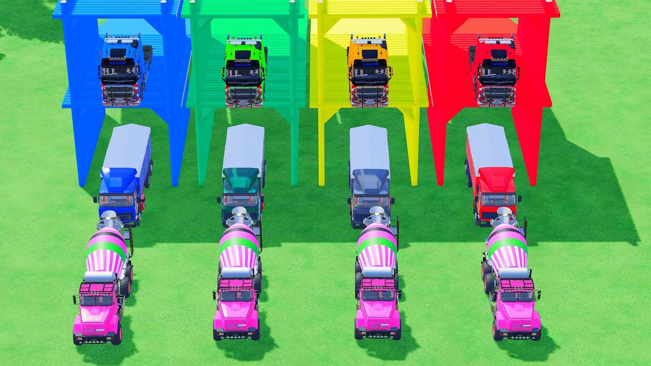 TRANSPORTING ALL MIXER TRUCK WITH FLATBED TRAILER TRUCK, VOLVO, F.I.A.T - FS22 