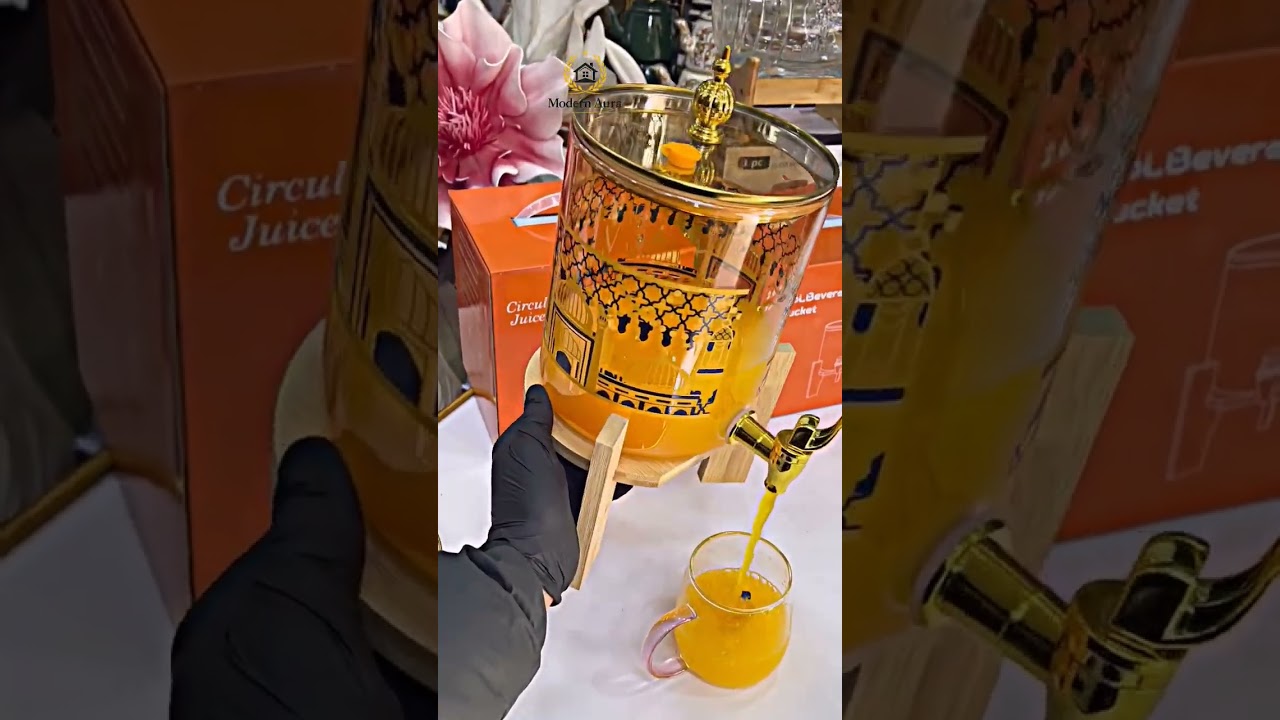 Luxury Glass Juice Dispenser with Wooden Stand | Elegant Drink Server | Modern Aura