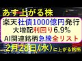 あす上がる株　2024年２月２８日（水）に上がる銘柄　～最新の日本株での株式投資。初心者でも。楽天が社債1000億円発行、NVIDIA影響で生成AI関連銘柄が急騰。エヌビディア株が売られている～