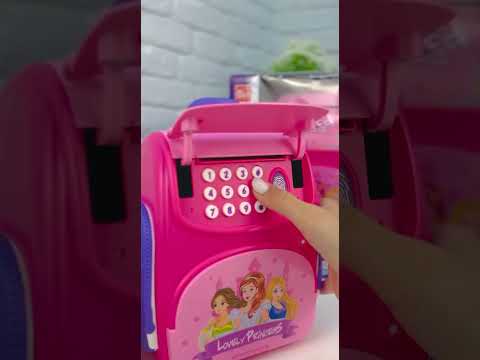 Дитячий іграшковий сейф скарбничка з замком кодом сканером купюроприймачем для паперових грошей монет рожевий, видео 1