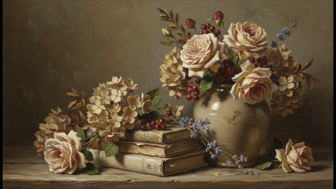 4K Art Screensaver - Painterly Still Life Cream Roses, Hydrangeas & Books - Rich & Timeless