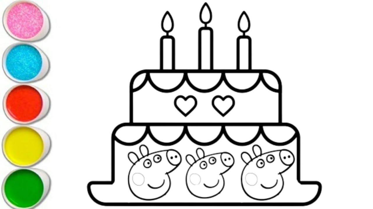peppa pig happy birthday cake drawing and coloring for kids and