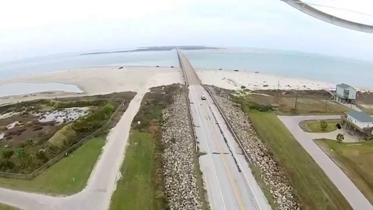 Flight across San Luis Pass bridge with Drone quadcopter almost lost it