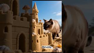 Some dogs at the Beach making a sand castle and suddenly a cat ruined their hard works