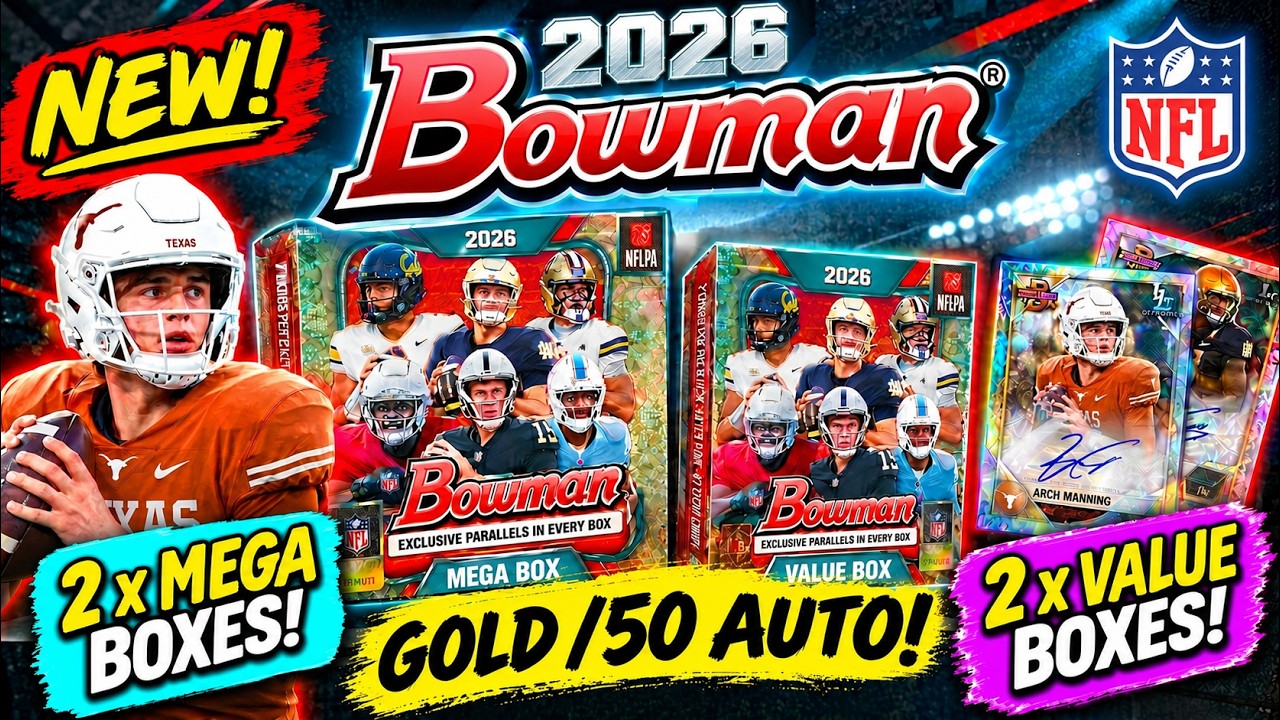 2026 Bowman Football Mega + Value Boxes! 🌟Gold Rookie /50 On-Card Auto 🌟Purple /75 & More!