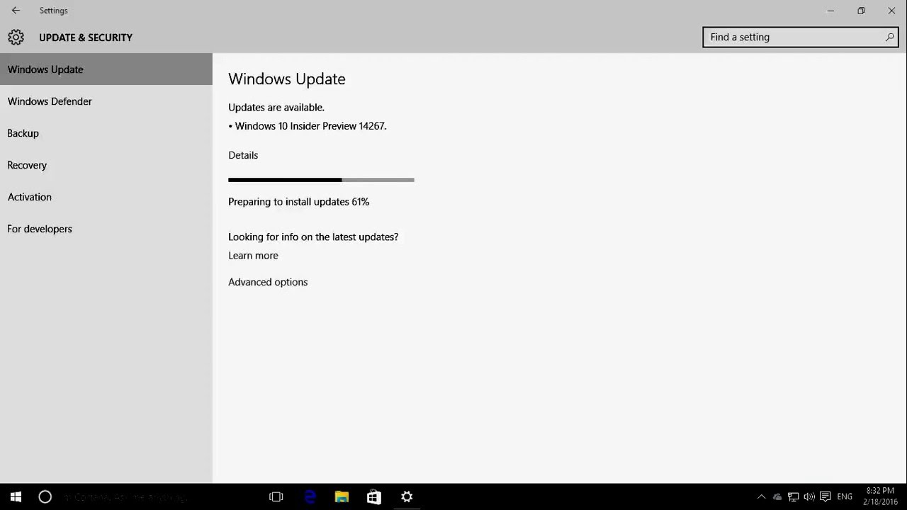Windows 10 - Upgrade to the REDSTONE Insider Preview Build 14267