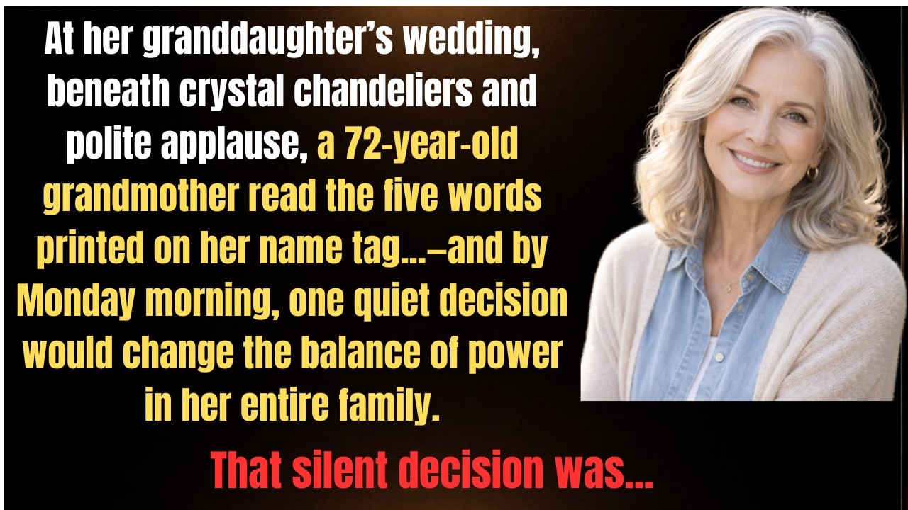 At her granddaughter’s wedding, , a 72-year-old grandmother read the five words printed on her name.