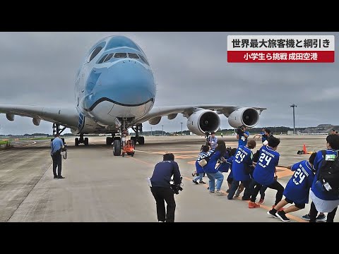 【速報】世界最大旅客機と綱引き 小学生ら挑戦、成田空港