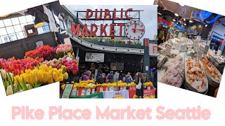 Flying fish throwing attractions, Pike Place Market. Seattle Washington. Best Chowder. Space Needle.