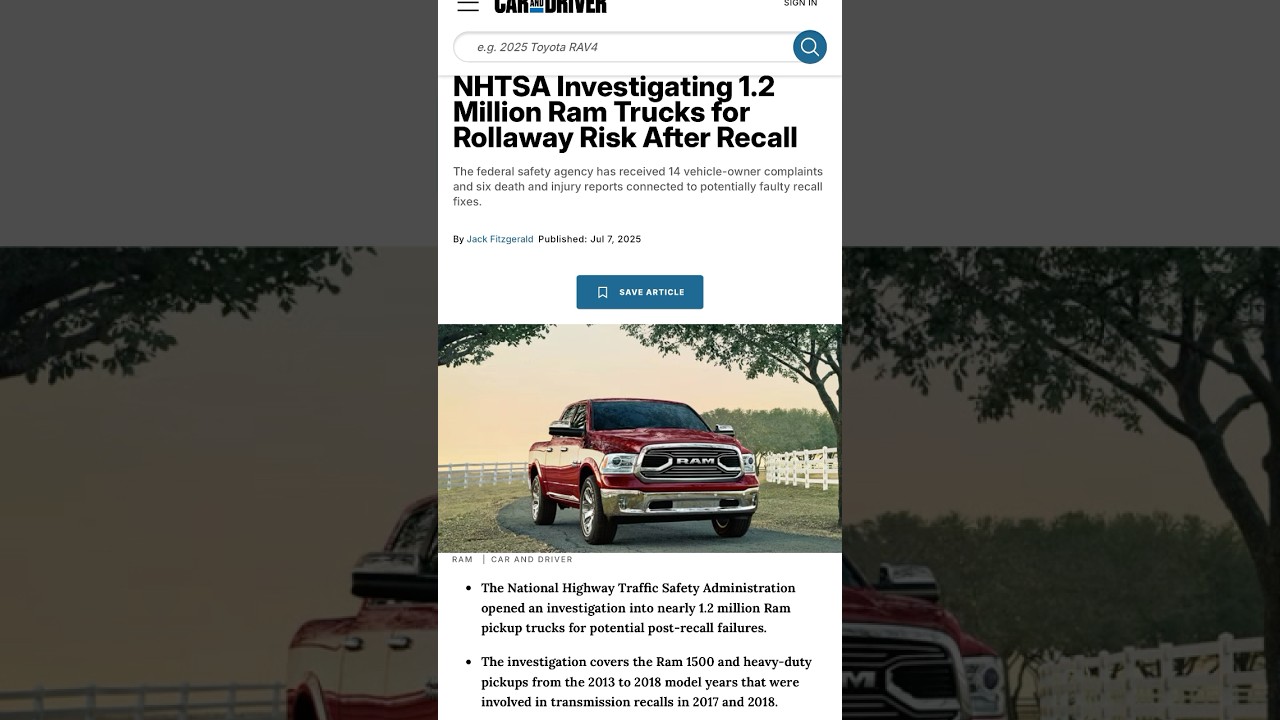 NHTSA Investigating 1.2 Million Ram Trucks for Rollaway Risk After Recall
