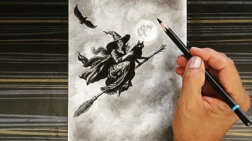 Pencil drawing step by step of halloween flying witch, hawk and a cat.