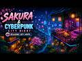 Sakura &amp; Cyberpunk City Night 🏮 Relaxing Lofi Hip Hop | Cozy Clock Room Ambience | Chill Study Beats