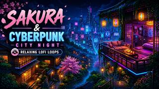 Sakura & Cyberpunk City Night 🏮 Relaxing Lofi Hip Hop | Cozy Clock Room Ambience | Chill Study Beats screenshot 2