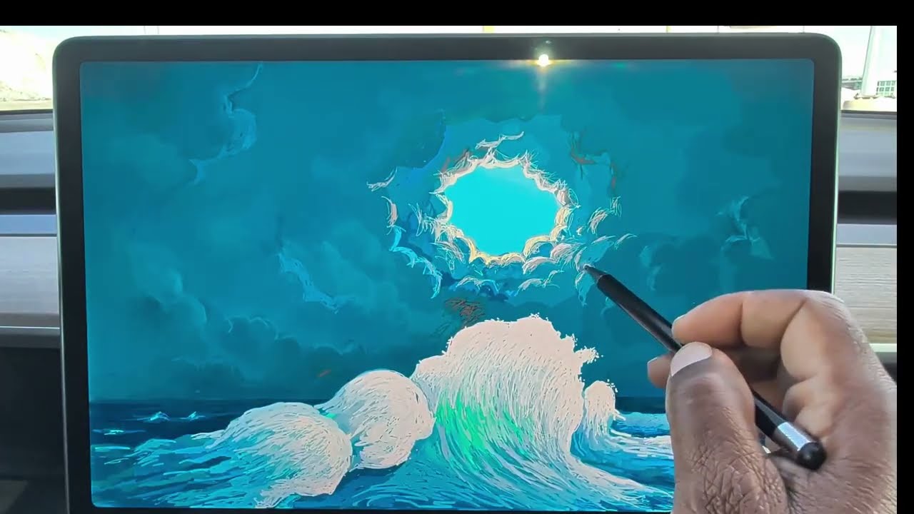 Eternal Waves and Seabirds, painted digitally on a Tesla screen 