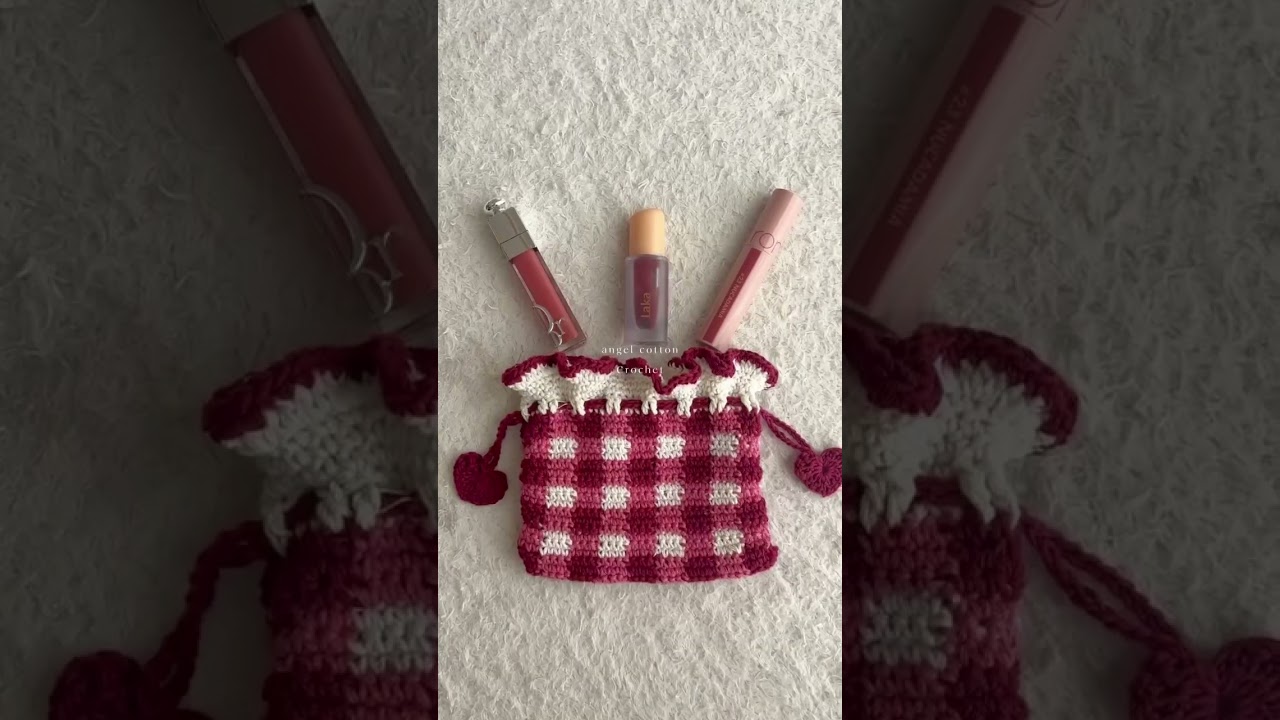 【かぎ針編み】ギンガムチェックの巾着編んでみた❤️🩷 #巾着 #編み物 #かぎ針編み #crochet #ギンガムチェック