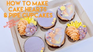 CAKE TUTORIAL | How to Make Geo Cake Heart Cupcakes (Bonus Cupcake Piping & Buttercream Recipe)