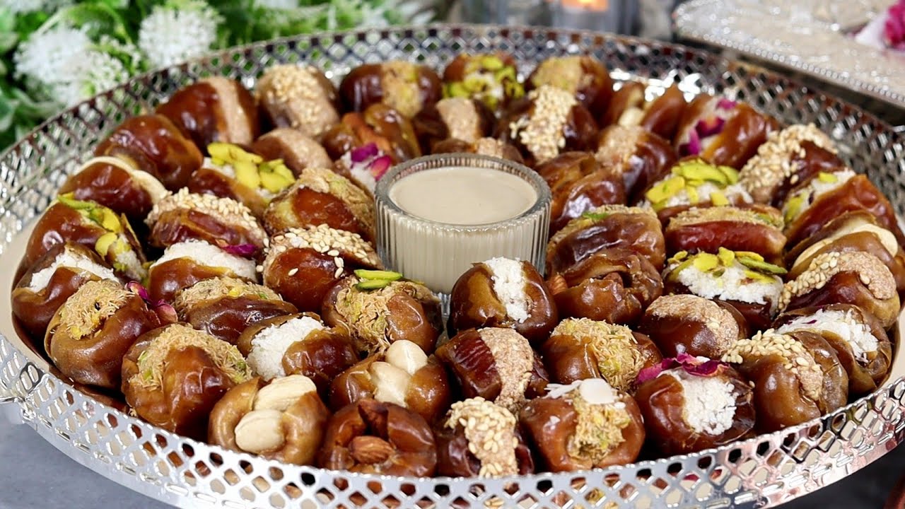 تمر محشي ب4 حشوات فاخرة أحلى ضيافة لرمضان🌙ووصفتين هدية تمرية ومهلبية🌙❤