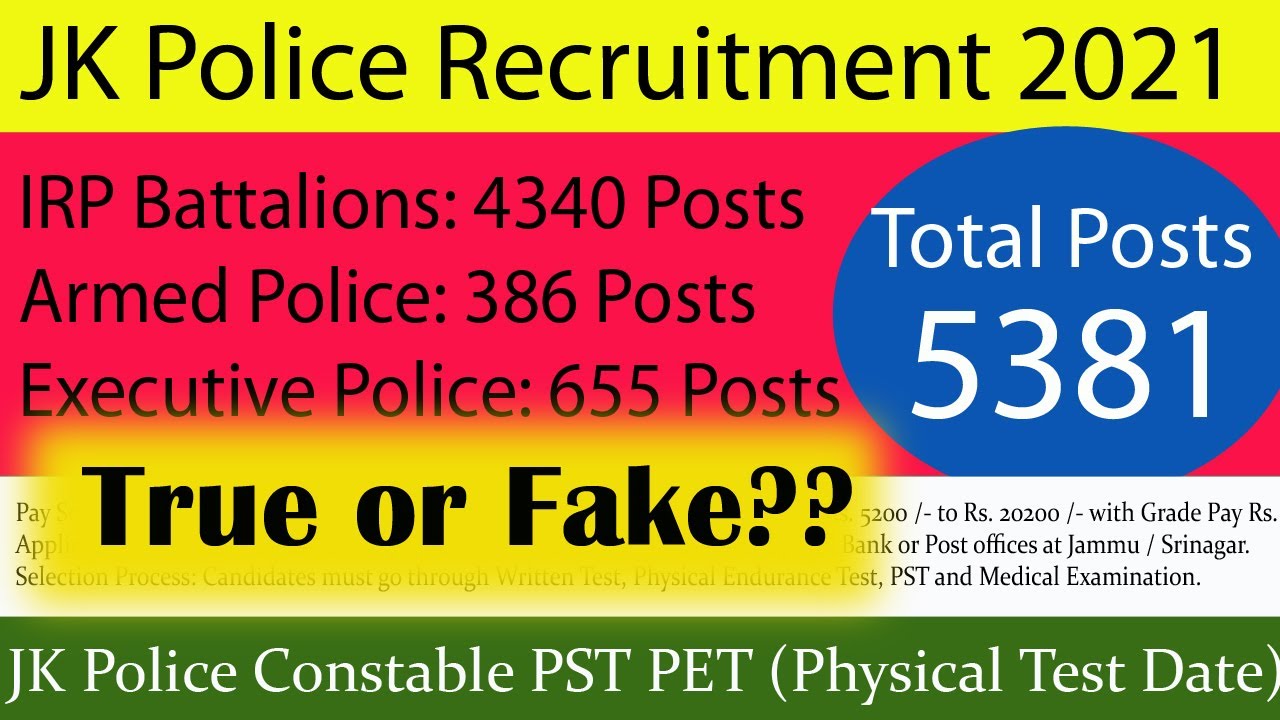 JK Police Recruitment 2021 l Big Breaking News | Constable SI, IRP  l Total Vacancy:  5381 Posts l