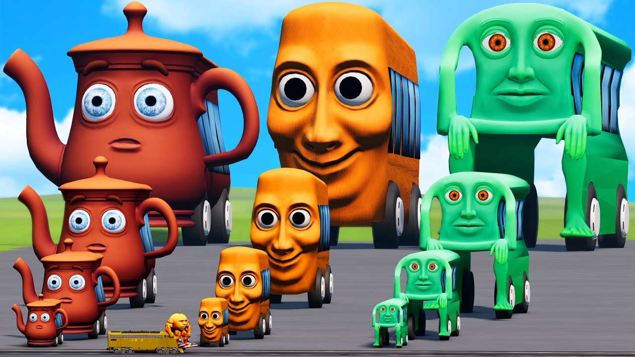 Big & Small Tung Tung Sahur Bus vs Karkerkar Kurkur Bus vs Ta Ta Ta Sahur Bus vs Trains BeamNG.Drive