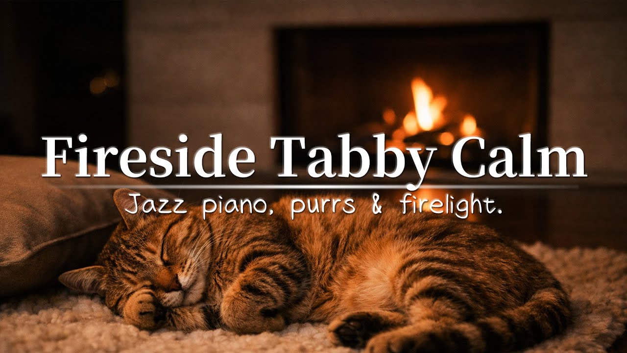 Cozy Cat Sleep Ambience — Jazz Piano + Tabby Purrs + Fireplace Crackle | 3H Relax & Sleep