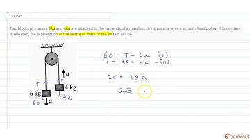 Two blocks of masses 6 kg and 4 kg are attached to the two ends of a massless string passing ove...