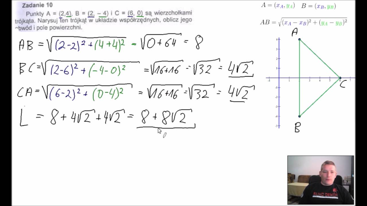 Punkty ABC są wierzchołkami trójkąta. Narysuj ten trójkąt. Oblicz obwód i pole.
