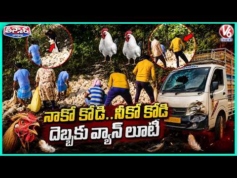 Chicken Lorry Overturns on Tirupati Ghat Road | People Throng to Catch Live Chickens | V6 Teenmaar - V6NEWSTELUGU
