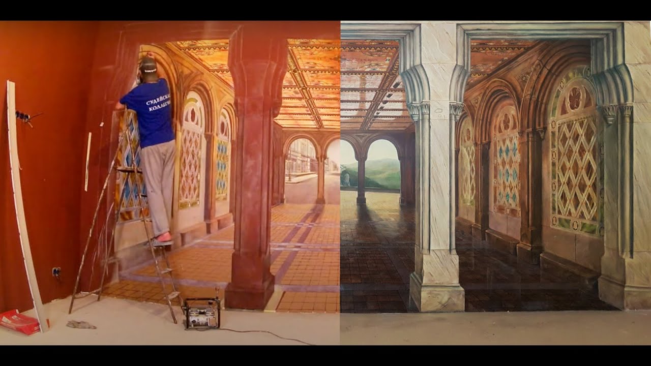 роспись стен, аэрография, процесс и результат, перспектива комнаты ...