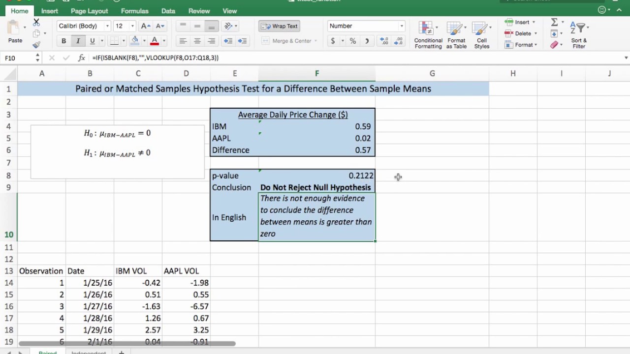 how to do a hypothesis test in excel