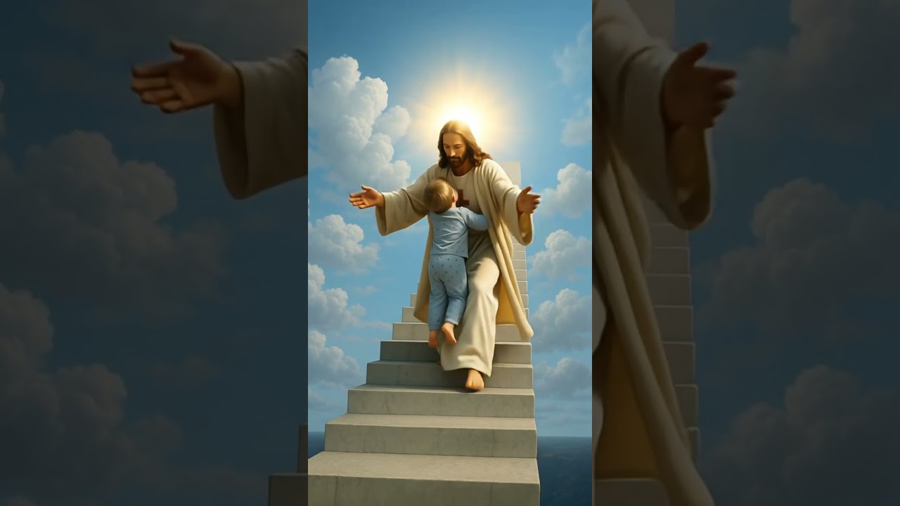 Jesus Runs Down from Heaven to Embrace a Little Boy