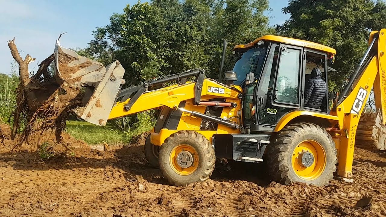 JCB Backhoe Pulling Out Underground Tree Root and Throwing JCB