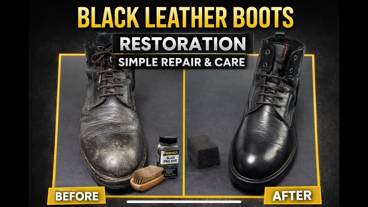 Black Leather Boots Restoration | Simple Repair & Care Using Dye, Brush & Sponge. Fiebings Pro dye