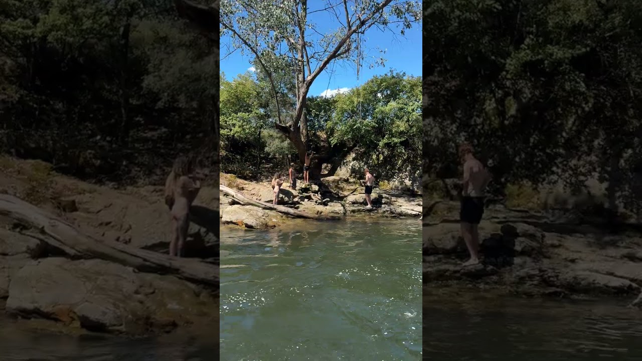 Boy lets go of rope swing too early and falls on rocks