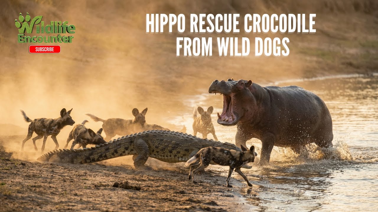 Rare Wildlife Encounter: Hippo Defends Crocodile from Wild Dog Attack | Documentary in English