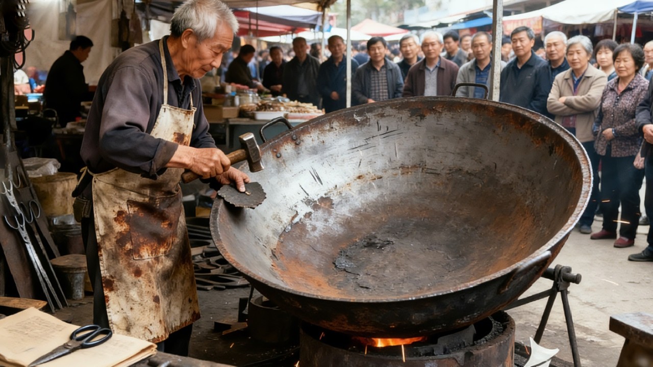 农村老铁匠手艺真绝！老式铁皮锅一修，比不粘锅还好用！#农村生活 #diy #民间手艺人