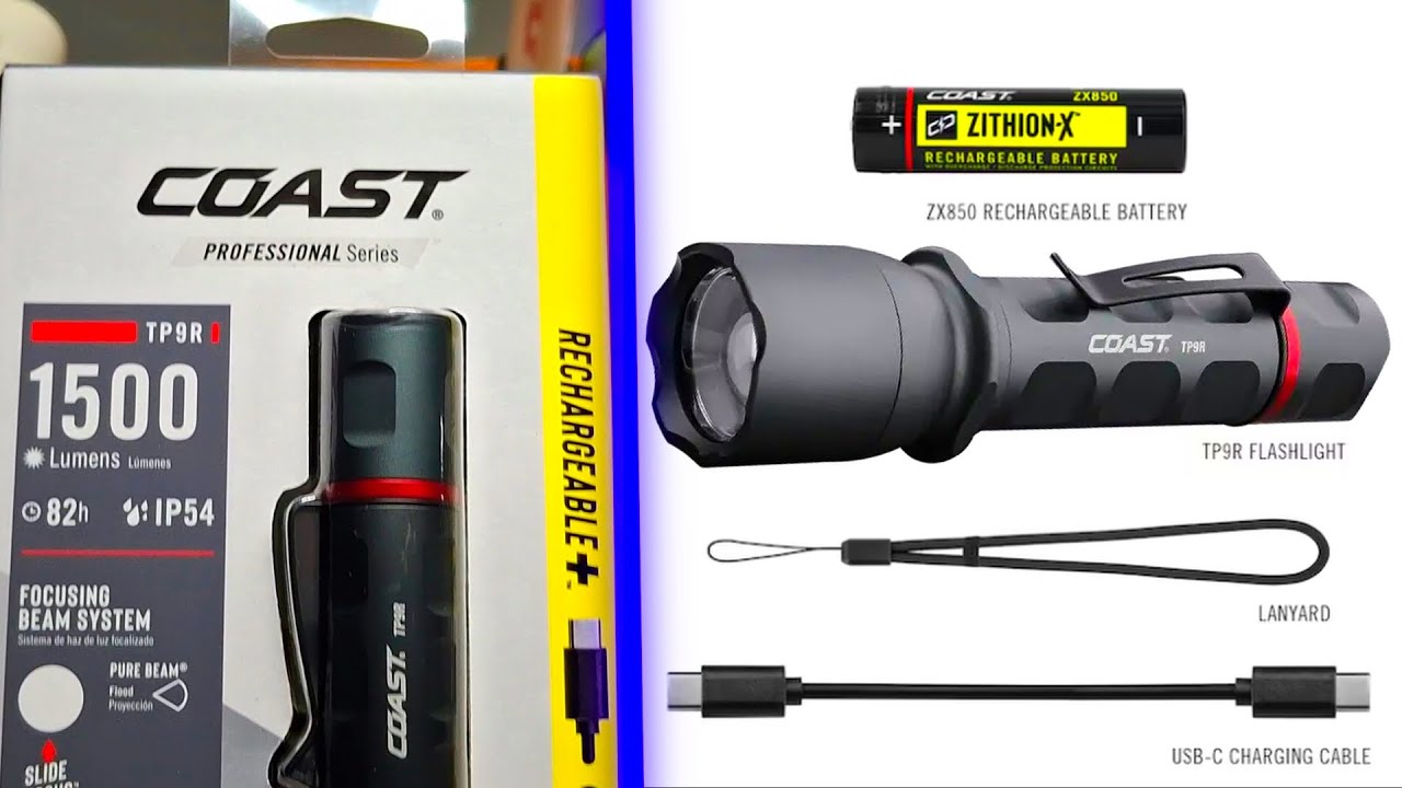 coast tp9r rechargeable flashlight XP9R 1200 Lumen USB-C RECHARGEABLE-DUAL POWER LED With PURE BEAM SLIDE FOCUS And Top Grade Aluminum Build Patented SLIDE FOCUS optical technology ensures you can meet the moment with flawless transitions between Ultra View Flood Beam and BULLS Coast TP 1500 3 Modes