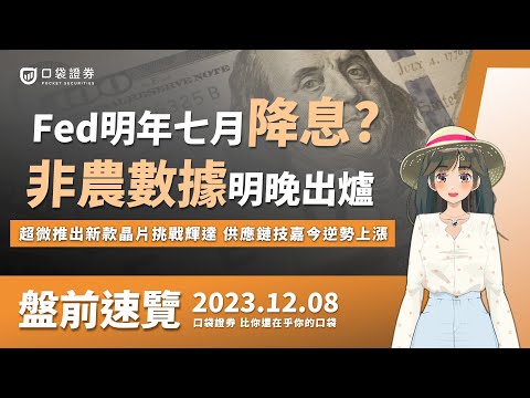 Fed明年七月降息？非農數據明晚出爐！超微推出新款晶片挑戰輝達，供應鏈技嘉今逆勢上漲！| 盤前速覽 | 2023.12.08 #口袋 #口袋證券 #fed