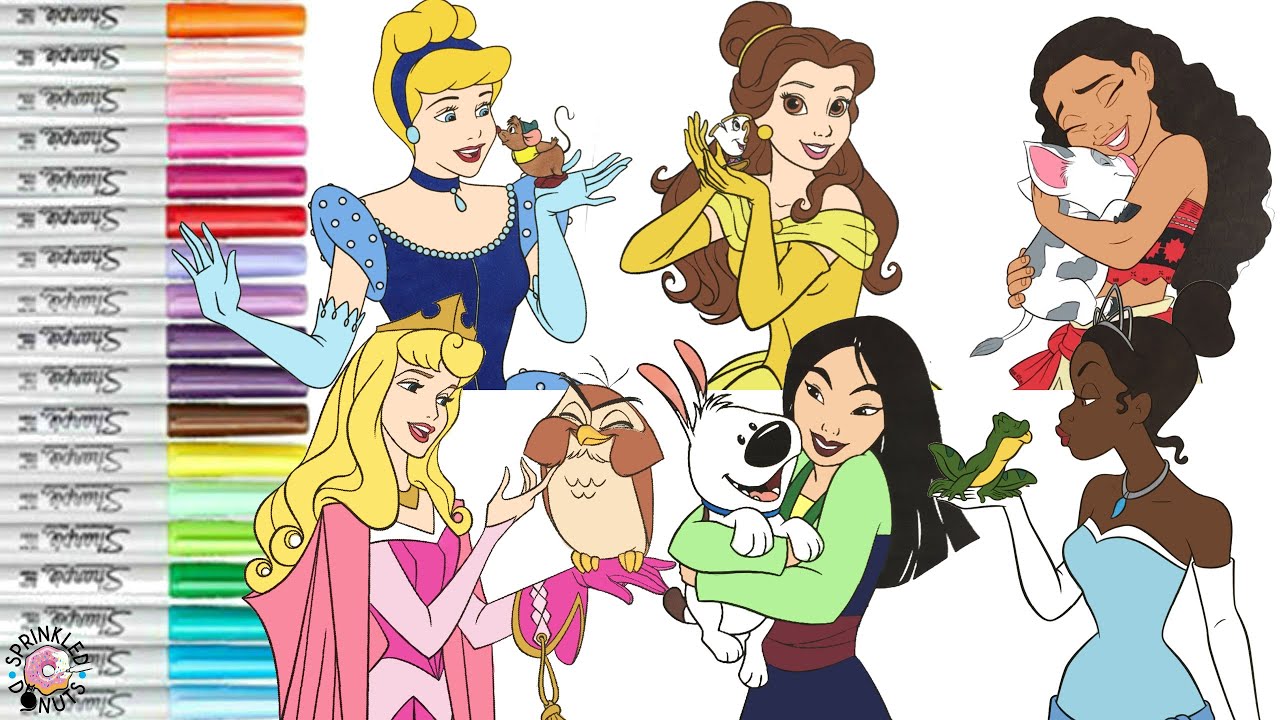 Раскраска-подборка принцесс Диснея: Мулан, Тиана, Моана, Белль, Золушка, Аврора