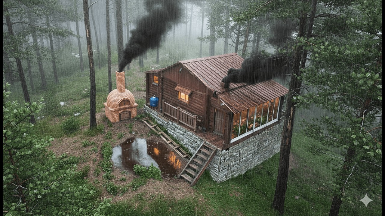 Hiding in a wooden house for 2 days under extreme cold and heavy rain, making delicious meals