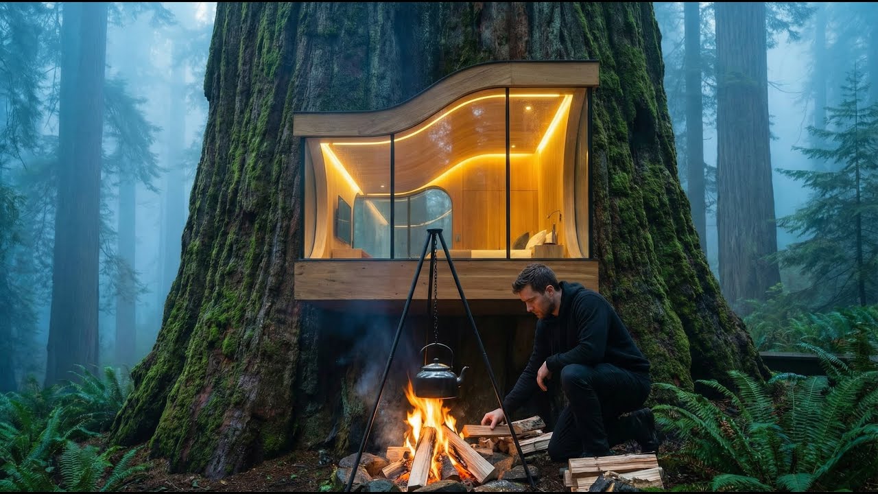 Building a house in the forest (ASMR) - This man built a cozy mini house inside a tree trunk