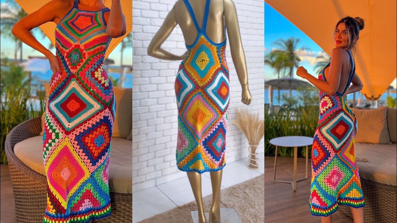 VESTIDO MÍDI LOSANGO COLORIDO DE CROCHÊ PASSO A PASSO (parte 1)