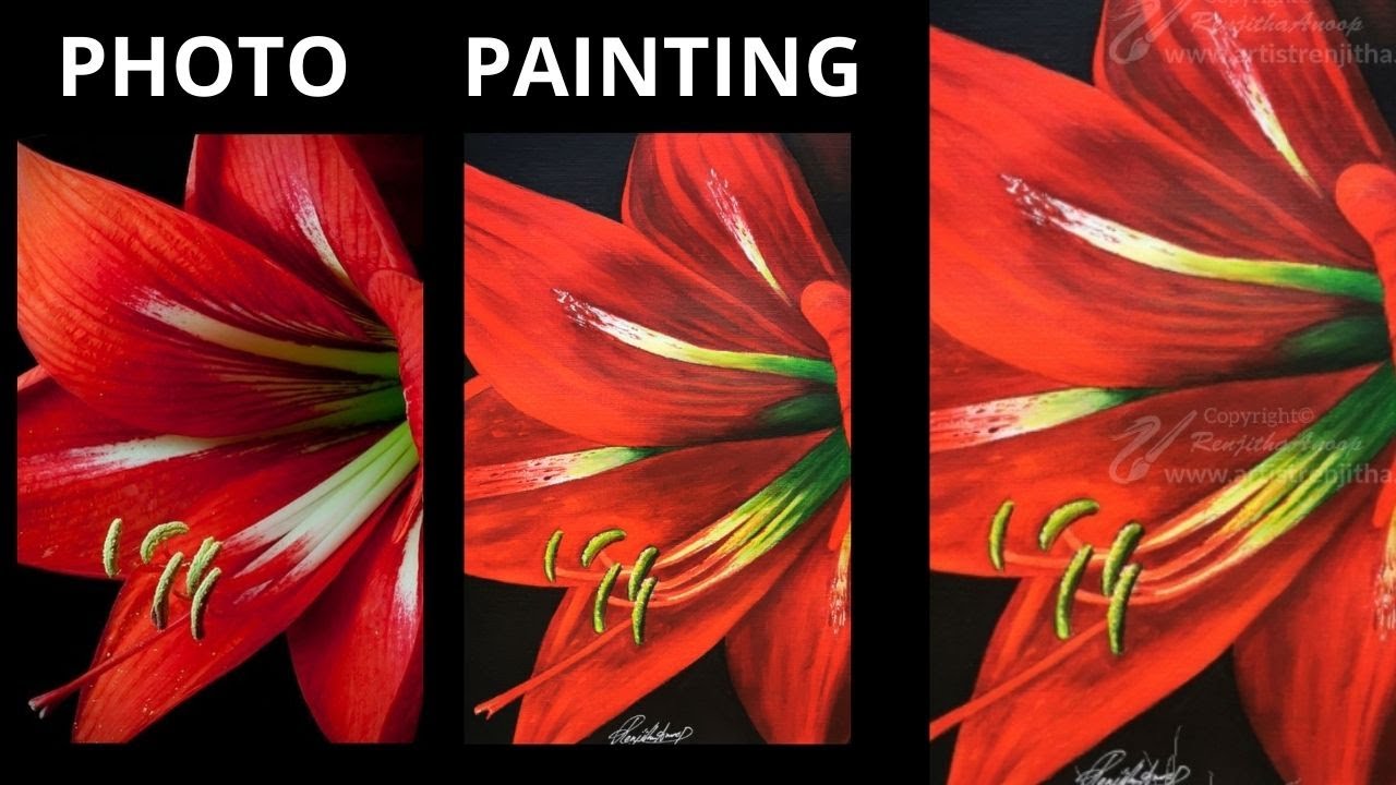 RED LILY - PHOTO Vs PAINTING - step by step acrylic painting on canvas Art ideas