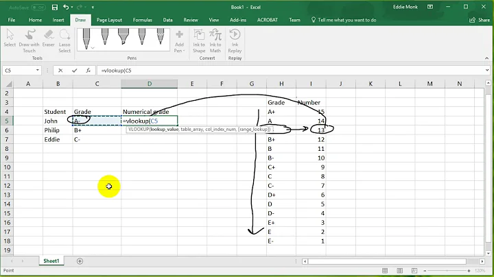 Excel 2016 tutorial - Using Vlookup to convert from a letter grade to a numerical grade