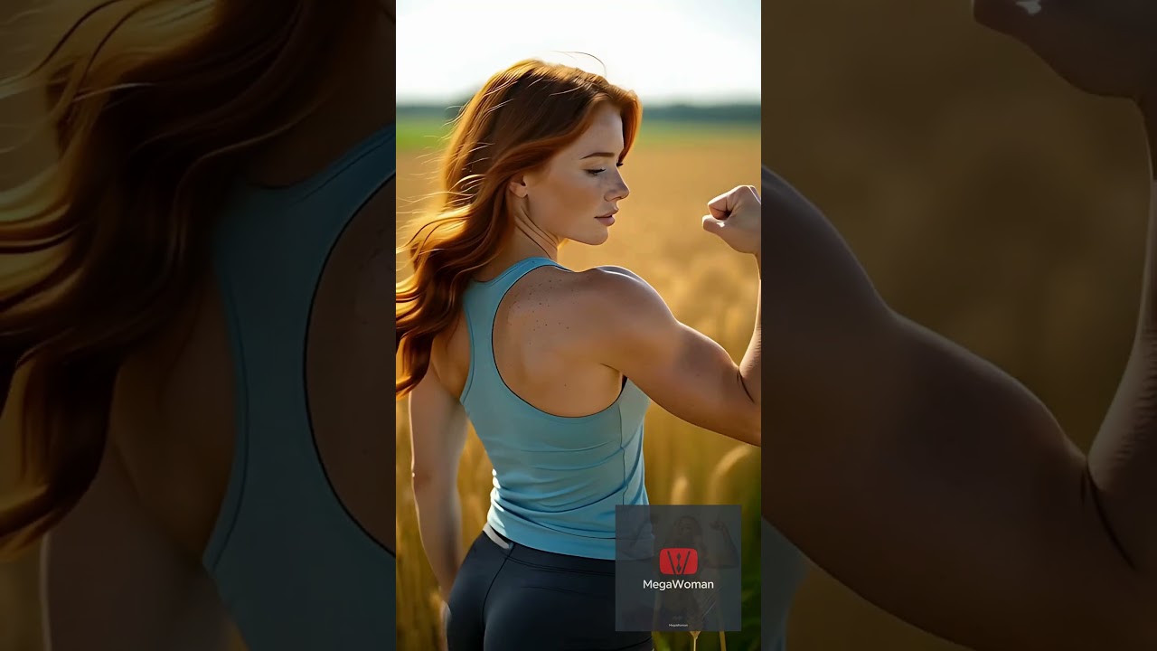 Toned Fit Redheaded Farmer Chick Flexing Her Strong Bicep In A Wheat Field  During Harvest Season