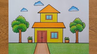 House Drawing | How to Draw a Simple House Step By Step Very Easy | House Scenery Drawing