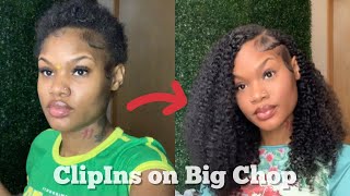 EASY & QUICK curly clip-ins installing on my big chop! Curlsqueen 3C 4A Hair Review